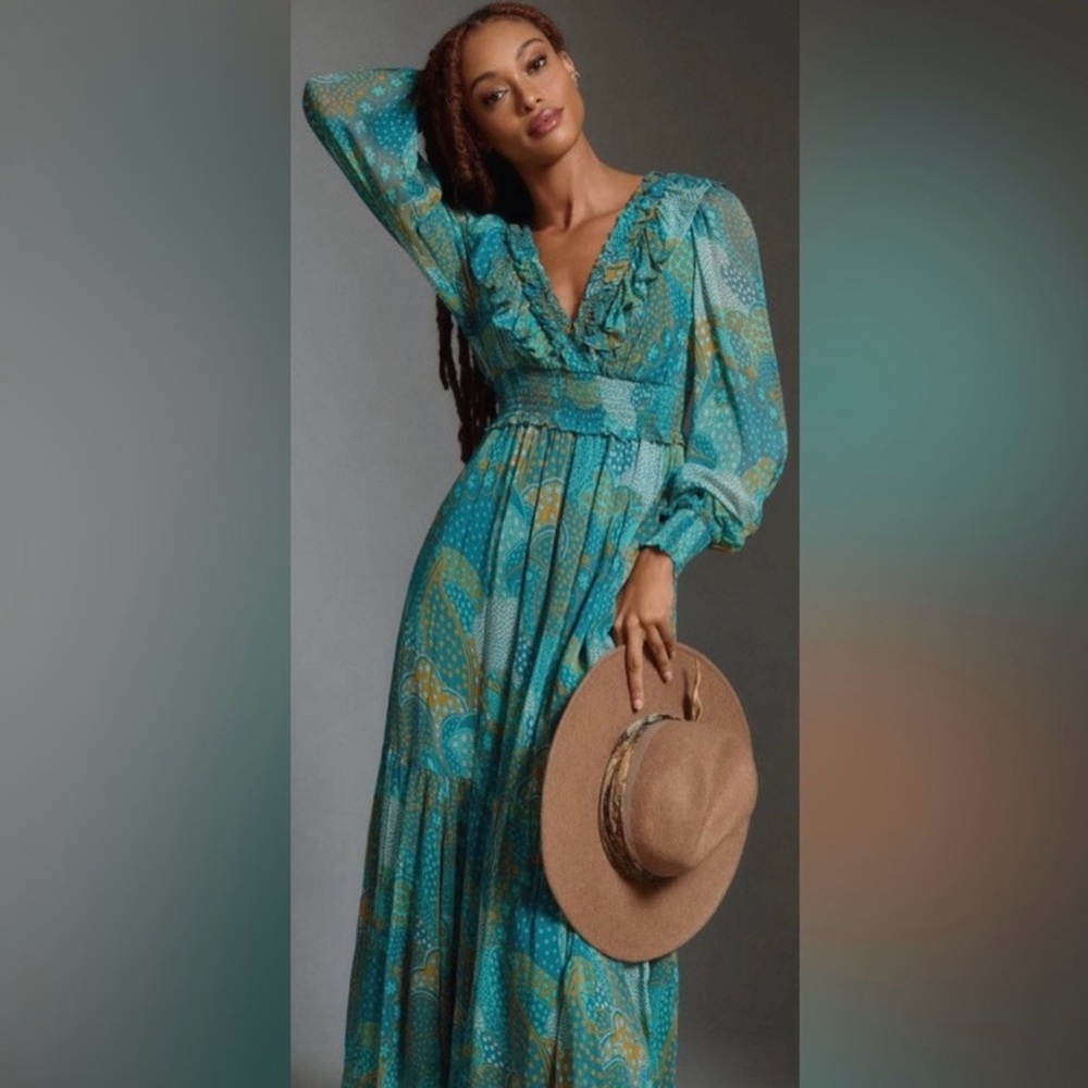 Elegant Anthropologie Odetta ruffled V-neck Teal Maxi Dress